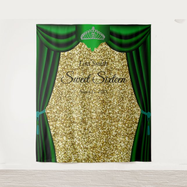 Sweet 16 Princess Tiara Green Curtain Gold Glitter Tapestry (Front)
