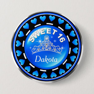 Sweet 16 Princess Tiara Love Hearts blue 7.5 Cm Round Badge