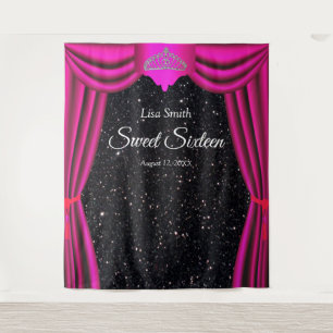 Sweet 16 Princess Tiara Pink Curtain Black Glitter Tapestry