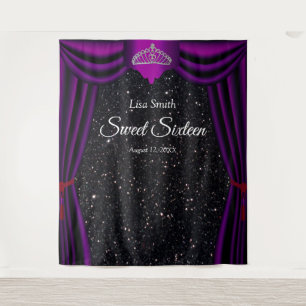 Sweet 16 Princess Tiara Purple Curtain Black Glitt Tapestry