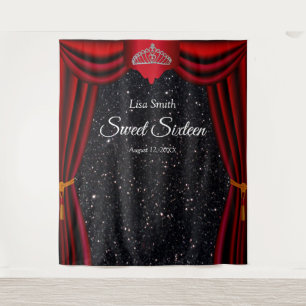 Sweet 16 Princess Tiara Red Curtain Black Glitter  Tapestry