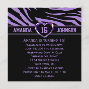 Sweet 16 Purple and Black Zebra Purple Heart Invitation