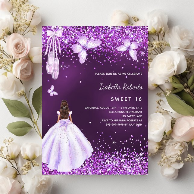 Sweet 16 purple ballerina dress butterflies invitation (Creator Uploaded)