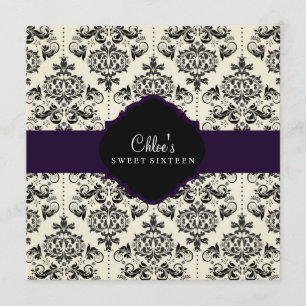 Sweet 16   Purple & Black Damask Invitation