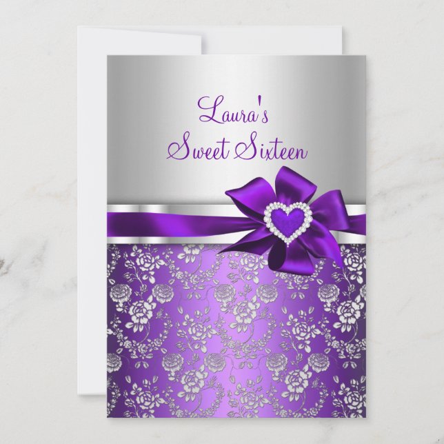 Sweet 16 Purple Bow & Rose Announcements (Front)