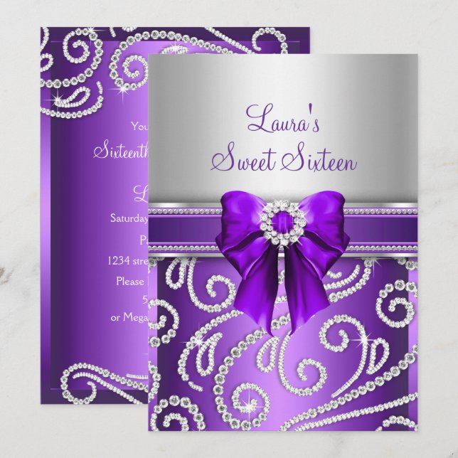 Sweet 16 Purple Bow & Sparkle Diamond Invitation (Front/Back)