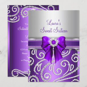 Sweet 16 Purple Bow & Sparkle Diamond Invitation