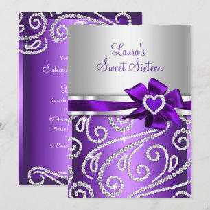 Sweet 16 Purple Bow Sparkle Diamond Party 🎉 Invitation