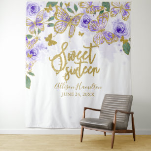 Sweet 16 Purple Butterflies Floral Backdrop Tapestry