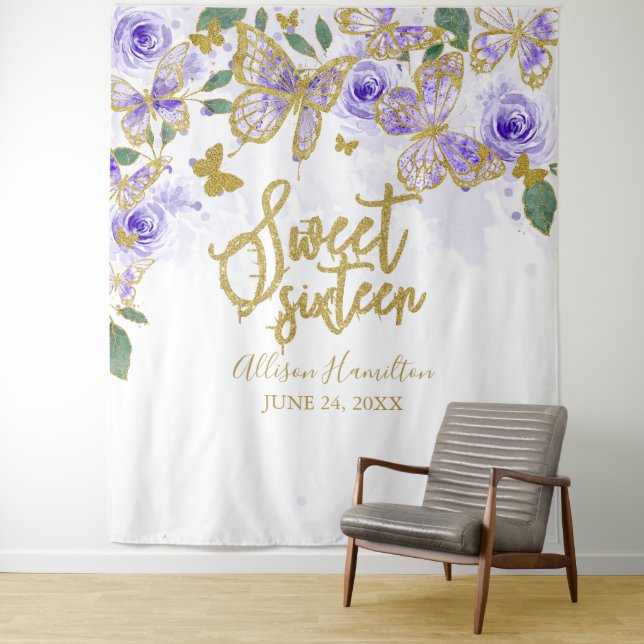 Sweet 16 Purple Butterflies Floral Backdrop Tapestry (In Situ)