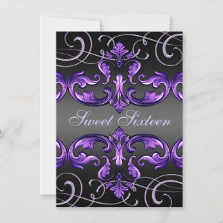 Sweet 16 Purple Damask & Tiara Birthday Invite