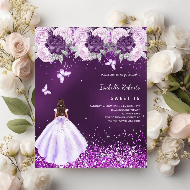 Sweet 16 purple dress pink florals invitation (Creator Uploaded)