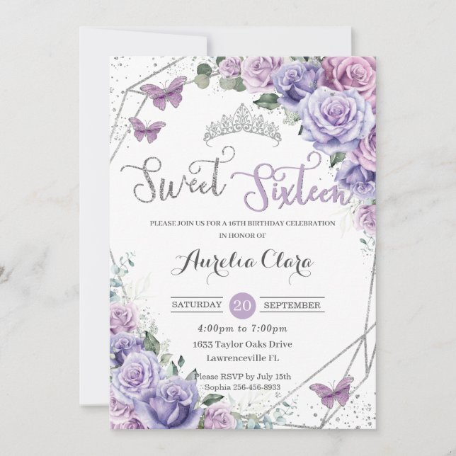 Sweet 16 Purple Floral 16th Birthday Butterflies Invitation (Front)