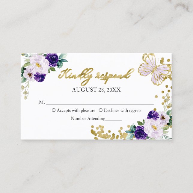 Sweet 16 Purple Floral Butterfly RSVP Enclosure Business Card (Front)