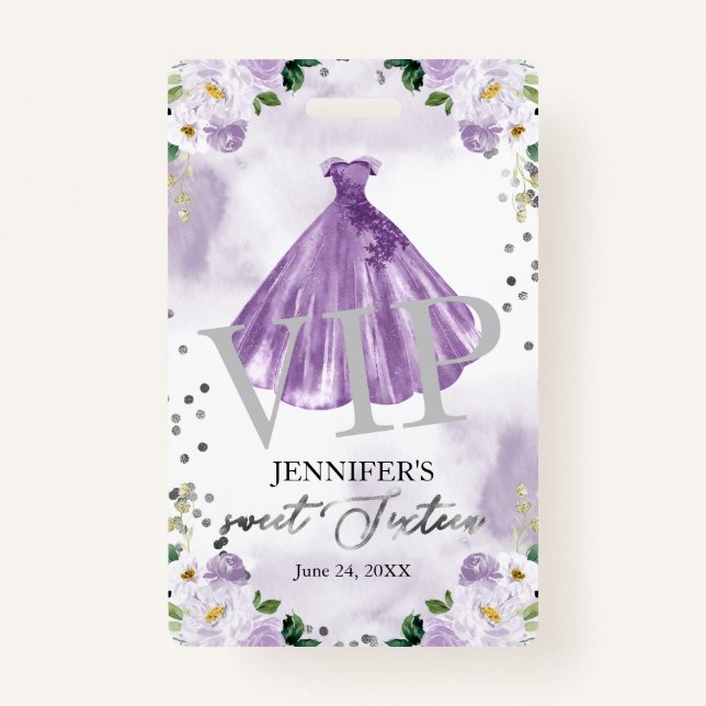 Sweet 16 Purple Floral Dress 16 VIP Birthday ID Badge (Front)