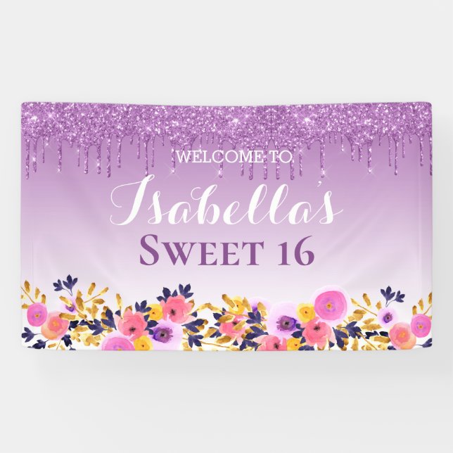 Sweet 16 | Purple Floral Dripping Glitter Banner (Horizontal)