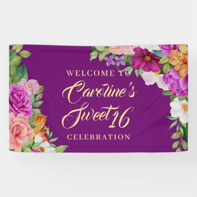 Sweet 16 Purple Floral Watercolor Bouquet Welcome Banner (Horizontal)