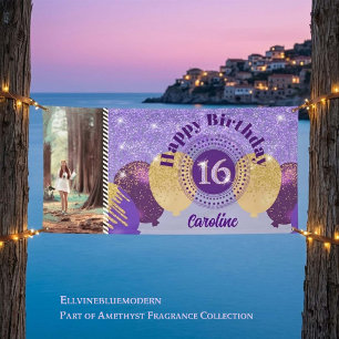 Sweet 16 Purple Glitter Balloon Parade Photo Banner