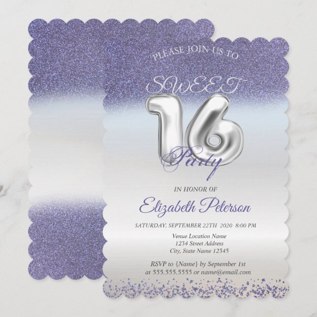 Sweet 16 Purple Glitter Bokeh Ombre Party Invitation (Front/Back)