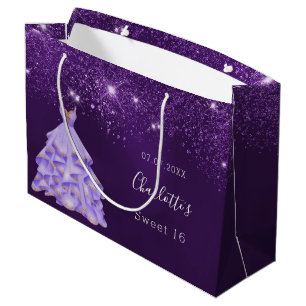 Sweet 16 purple glitter dust dress name large gift bag