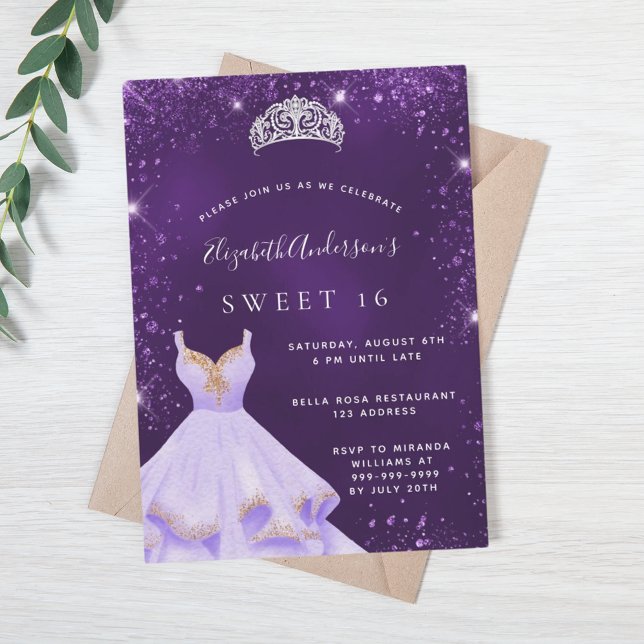 Sweet 16 purple glitter dust dress tiara invitation (Creator Uploaded)