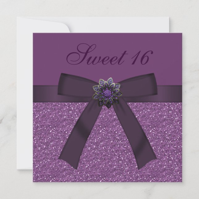 Sweet 16 Purple Glitter & Flower Jewel Invites (Front)