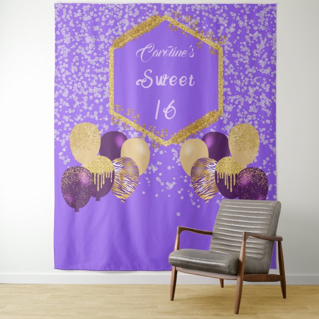 Sweet 16 Purple Glitter & Glitter Party Balloons Tapestry (In Situ)
