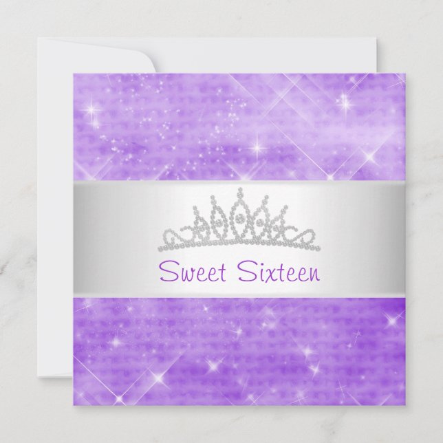 Sweet 16 Purple Glitter Silver Jewel Tiara Party 1 Invitation (Front)