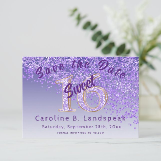 Sweet 16 Purple Glitter Stylish Glitter Number 16  Save The Date (Standing Front)