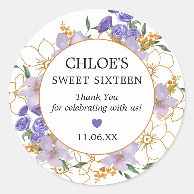 Sweet 16 Purple Gold Floral Party Favour Thank You Classic Round Sticker (Front)