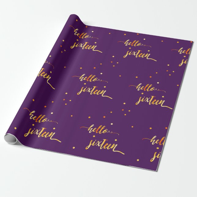 Sweet 16 purple gold hello sixteen script wrapping paper (Unrolled)