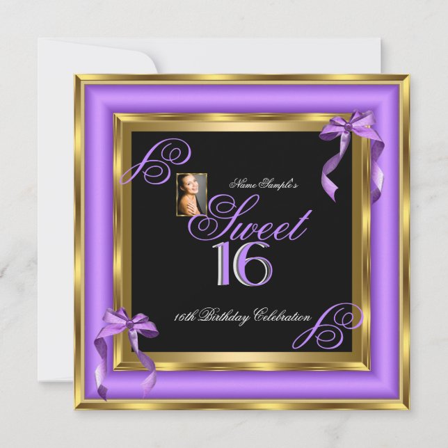 Sweet 16 Purple Gold Photo 16th Birthday Party Invitation (Front)