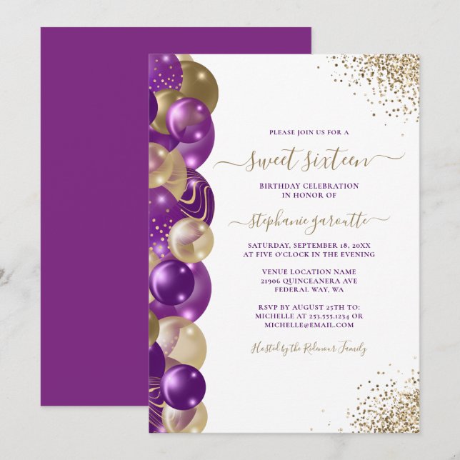 Sweet 16 Purple Gold Sparkle Balloon Invitation (Front/Back)