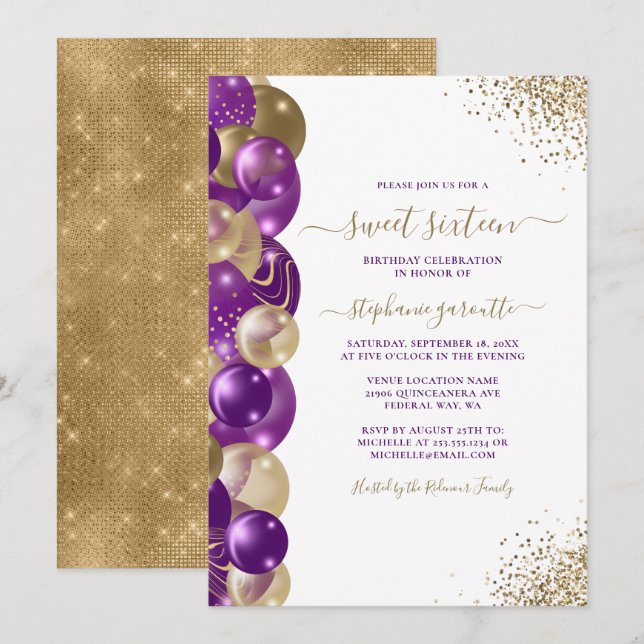 Sweet 16 Purple Gold Sparkle Balloon Invitation (Front/Back)