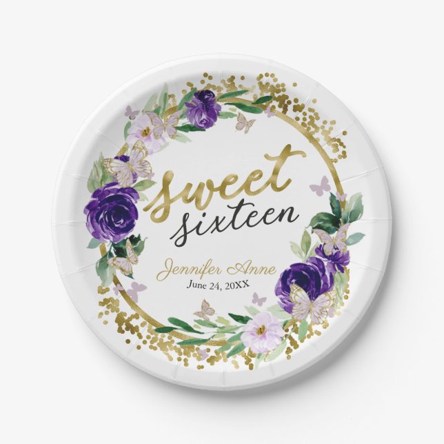 Sweet 16 Purple Lavender Floral Butterfly Paper Plate (Front)