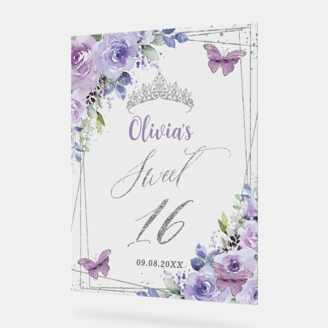 Sweet 16 Purple Lilac Floral Silver Welcome Acrylic Sign (Angle)