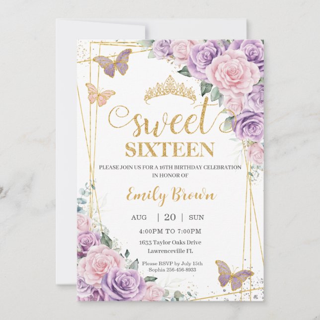 Sweet 16 Purple Lilac Pink Floral Butterflies Invitation (Front)