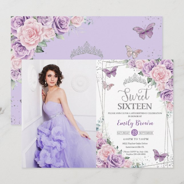Sweet 16 Purple Lilac Pink Floral Butterfly Photo Invitation (Front/Back)
