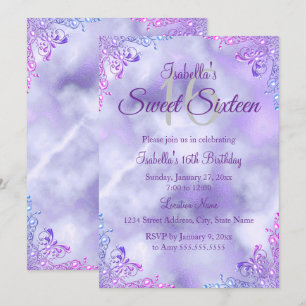 Sweet 16 Purple Lilac Silver Pearl Damask Invitation