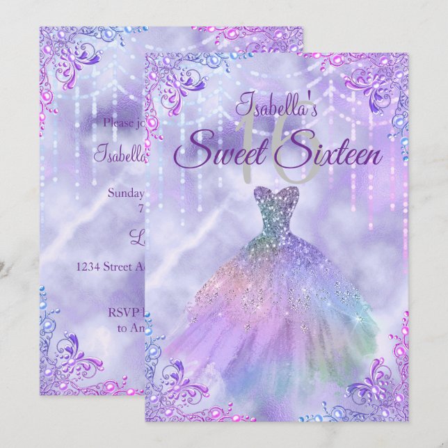 Sweet 16 Purple Lilac Silver Pearl Gown Invitation (Front/Back)