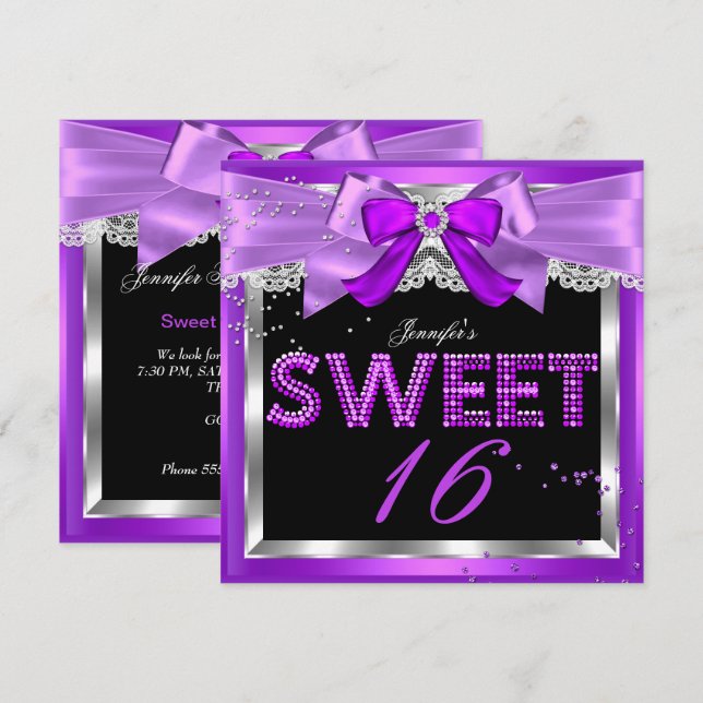 Sweet 16 Purple Magenta Glitter Glam Birthday Invitation (Front/Back)