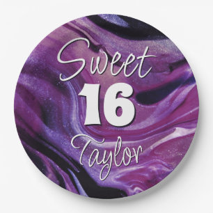 Sweet 16 Purple Marble Personalised Paper Plate