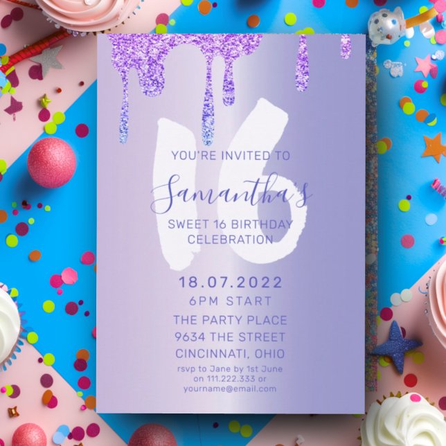 Sweet 16 Purple Metallic & Glitter Drips Birthday Invitation (Creator Uploaded)