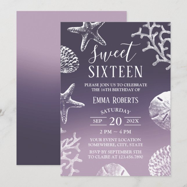 Sweet 16 Purple Ombre Beach Starfish Seashells Invitation (Front/Back)