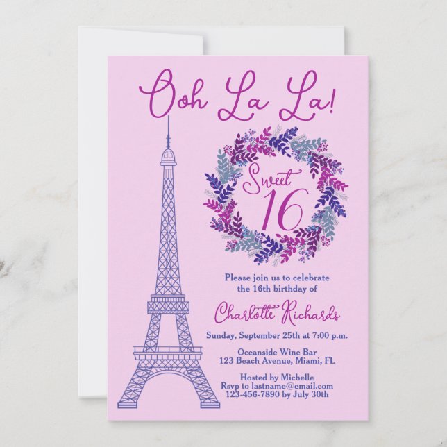 Sweet 16 Purple Paris Eiffel Tower Birthday Party Invitation (Front)
