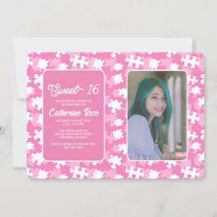 Sweet 16 Purple Pink And White Puzzle Photo Invitation