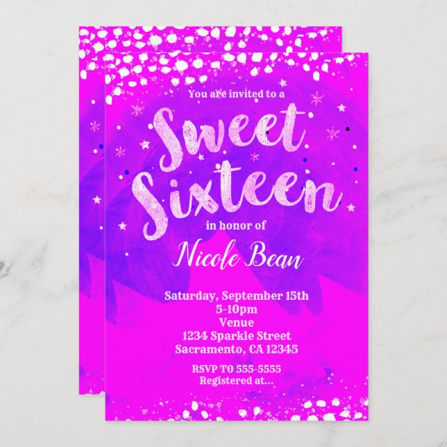 Sweet 16 Purple & Pink Girly Trendy Modern Party Invitation (Front/Back)