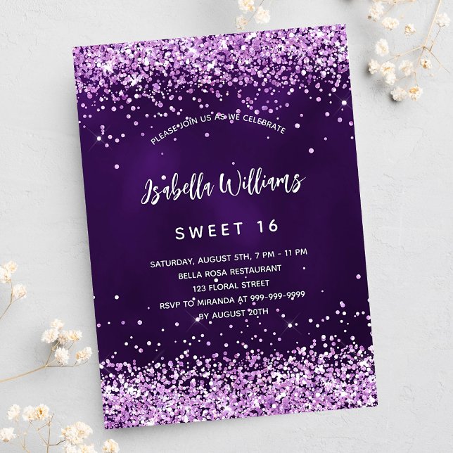 Sweet 16 purple pink glitter glamorous invitation (Creator Uploaded)