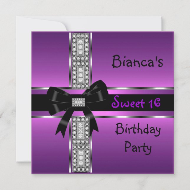 Sweet 16 Purple Pink Silver Black Diamonds Invitation (Front)