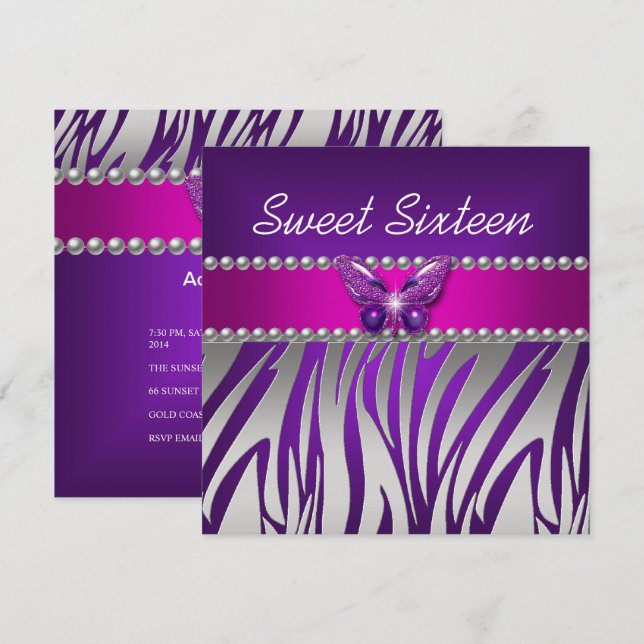 Sweet 16 Purple Pink Zebra Silver Butterfly Invitation (Front/Back)